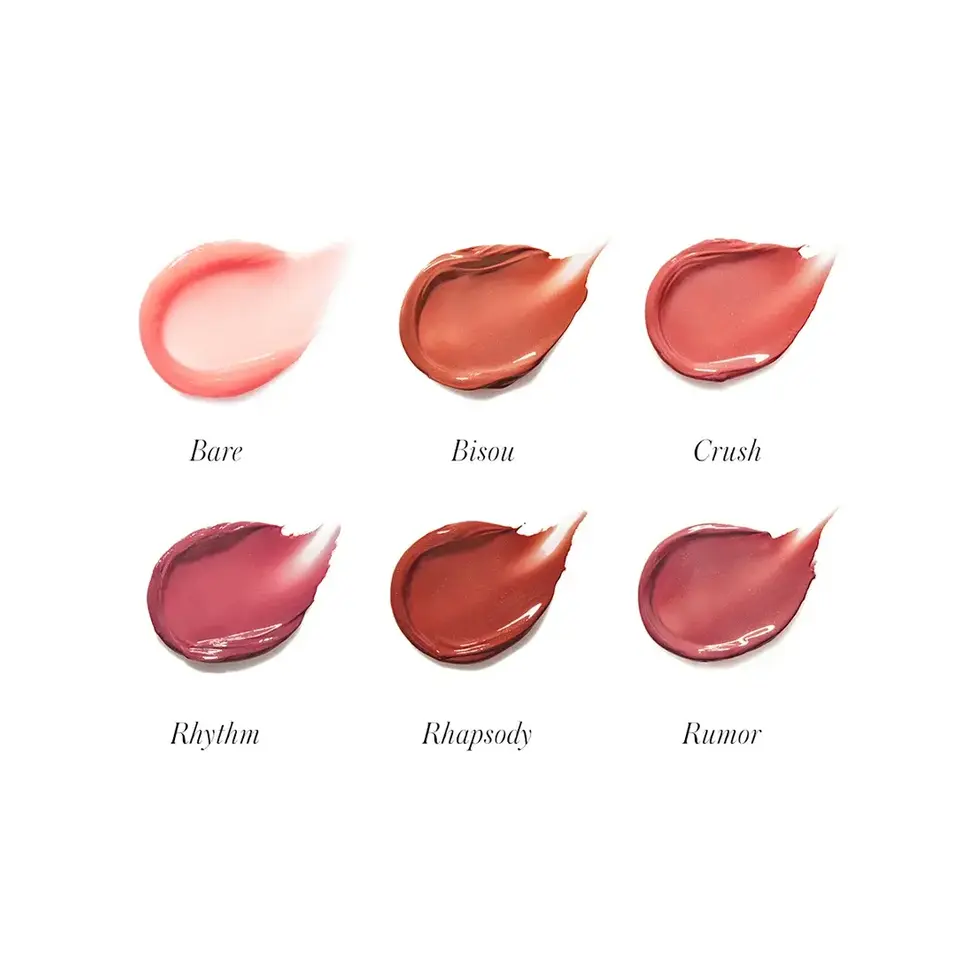 Six lipstick swatches labelled: Bare, Bisou, Crush, Rhythm, Rhapsody, Rumor.