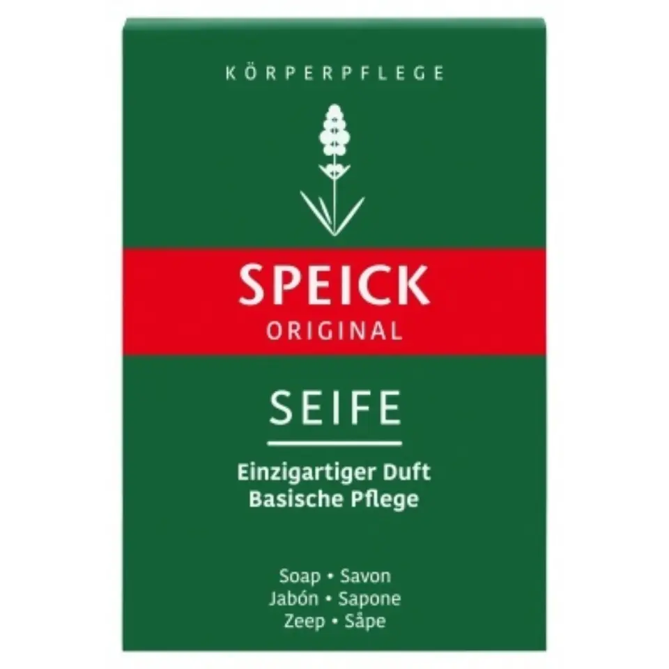 Speick Original Seife soap packaging, green with red band and white text.