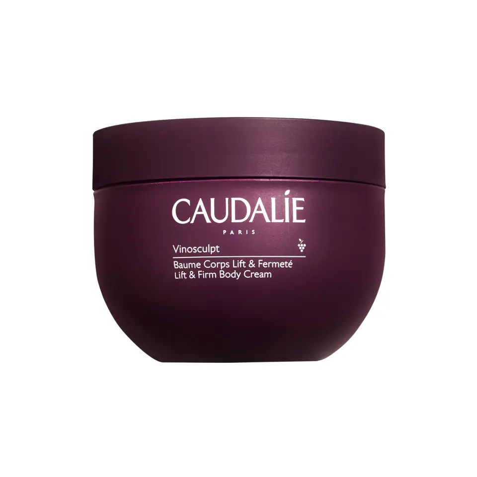 Caudalie Vinosculpt Lift & Firm Body Cream in a purple jar.