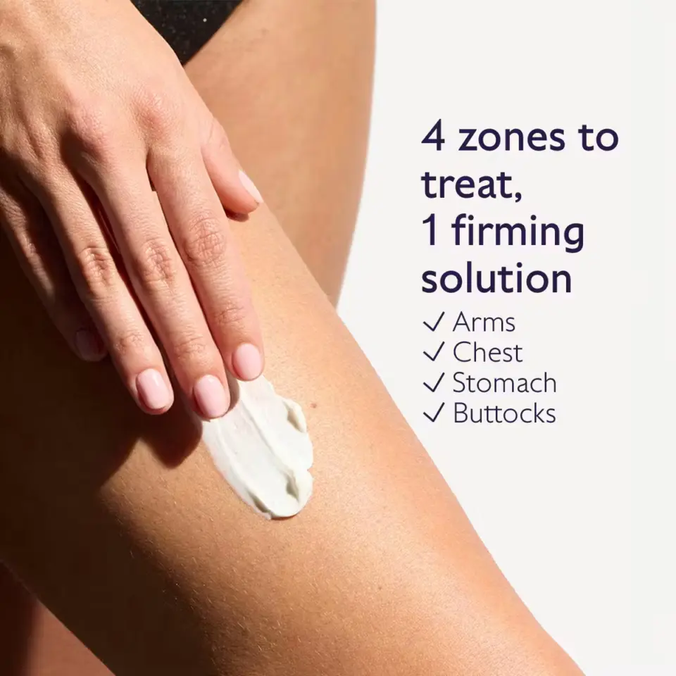 Hand applying cream on thigh, text lists treatment zones: arms, chest, stomach, buttocks.
