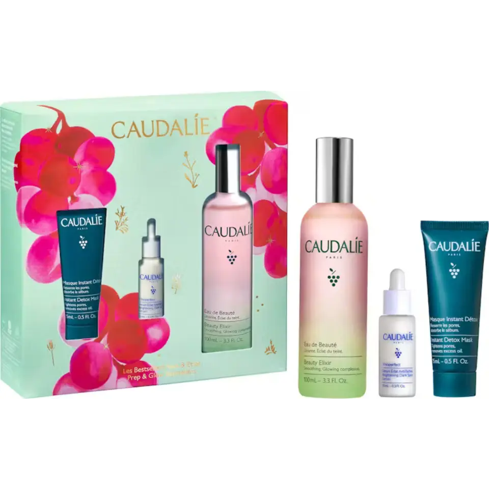 Caudalie skincare gift set with beauty elixir, serum, and detox mask.