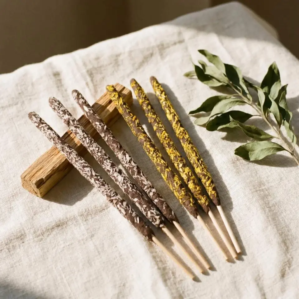 Incense sticks with herbs on linen cloth, wooden holder, and green leaves.