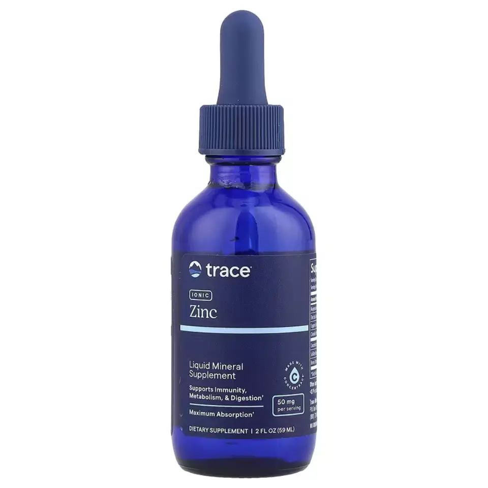 Blue bottle of trace ionic zinc liquid mineral supplement, 59 ml.