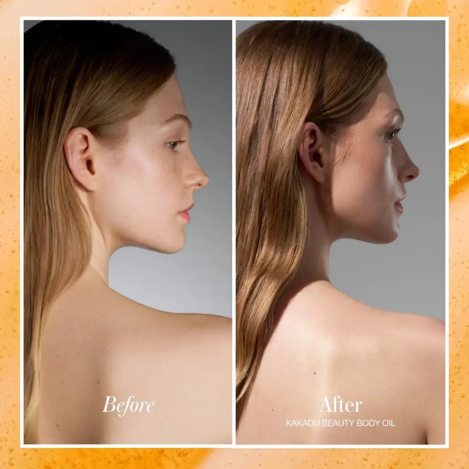 Before and after using Kakadu Beauty Body Oil on skin.