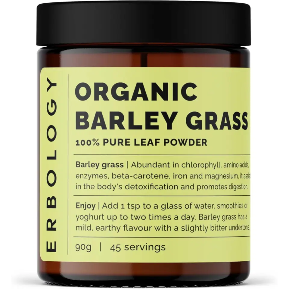 Jar of organic barley grass powder, 90g, 45 servings, by Erbology.