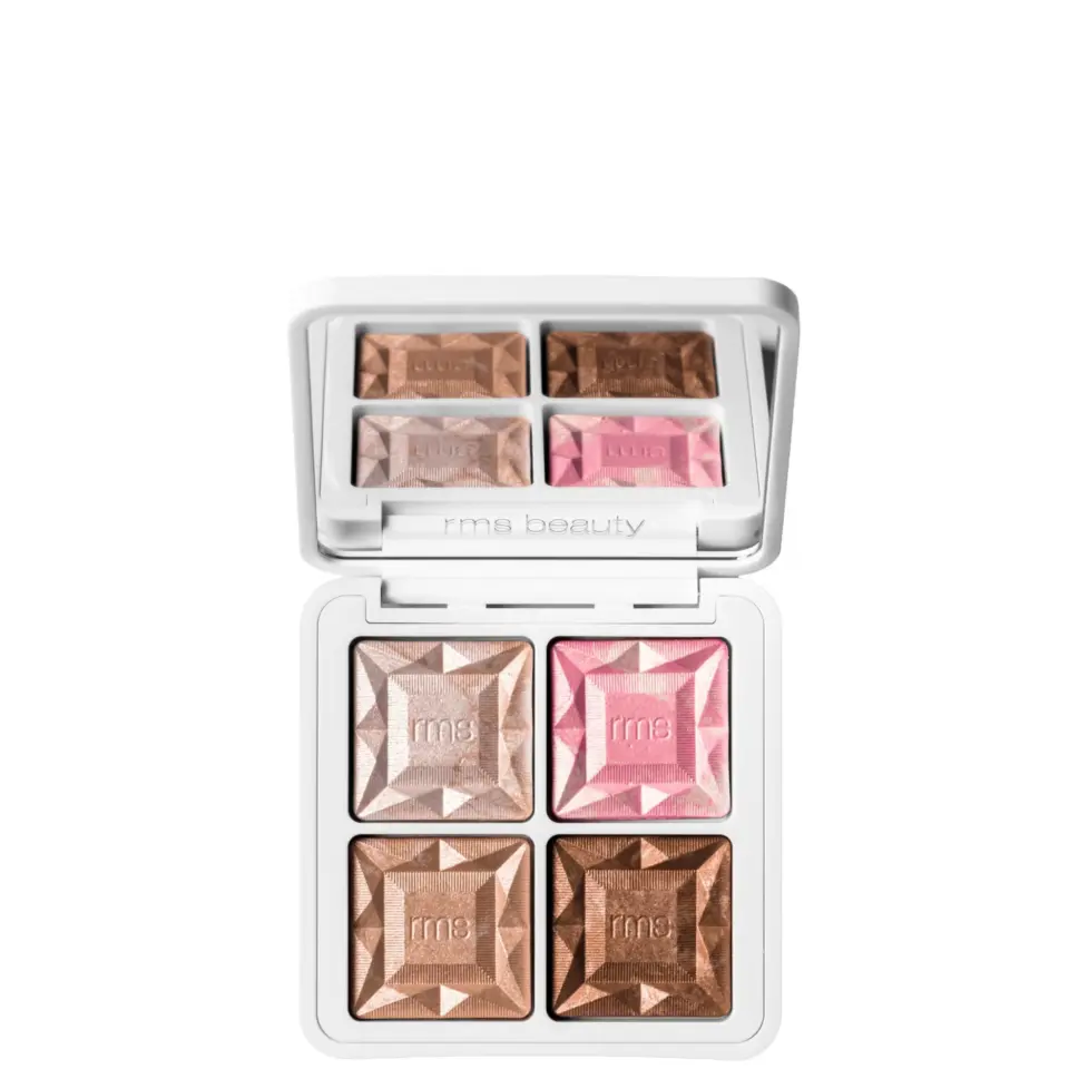 Makeup palette with four shades: pink, light brown, dark brown, and bronze. "rms beauty" embossed.