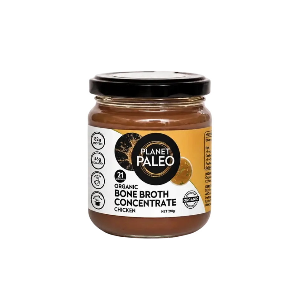 Planet Paleo chicken bone broth concentrate jar, 210g, with nutritional info on label.