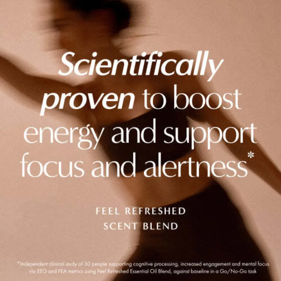 Text: "Scientifically proven to boost energy and support focus and alertness." Blurred person in motion.