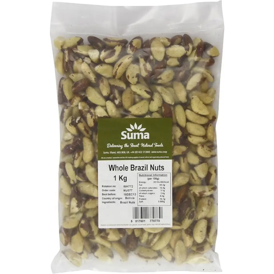 Bag of Suma whole Brazil nuts, 1 kg, with nutritional information and origin from Bolivia.