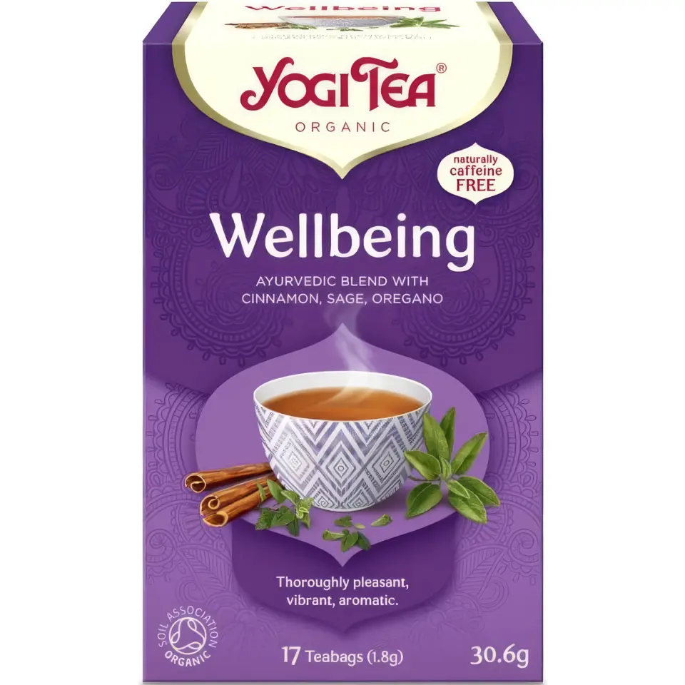 Yogi Tea Wellbeing, organic Ayurvedic blend with cinnamon, sage, oregano. 17 teabags, 30.6g.