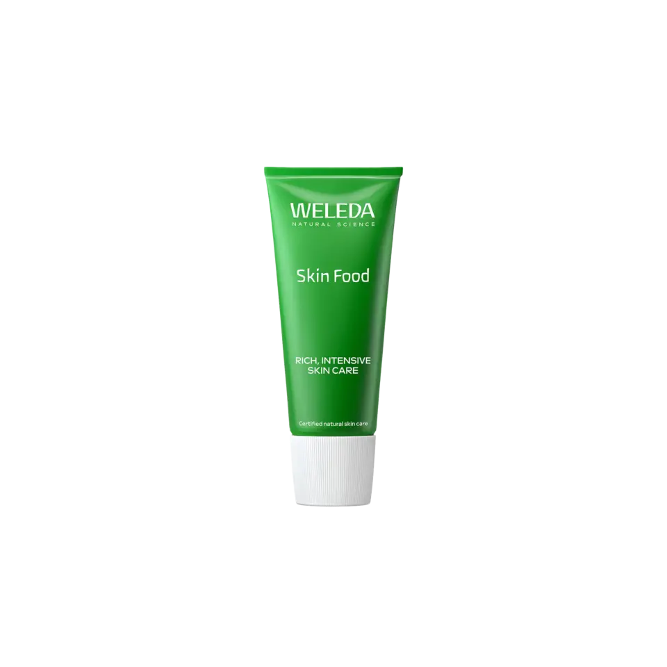 Green tube of Weleda Skin Food, rich intensive skincare.