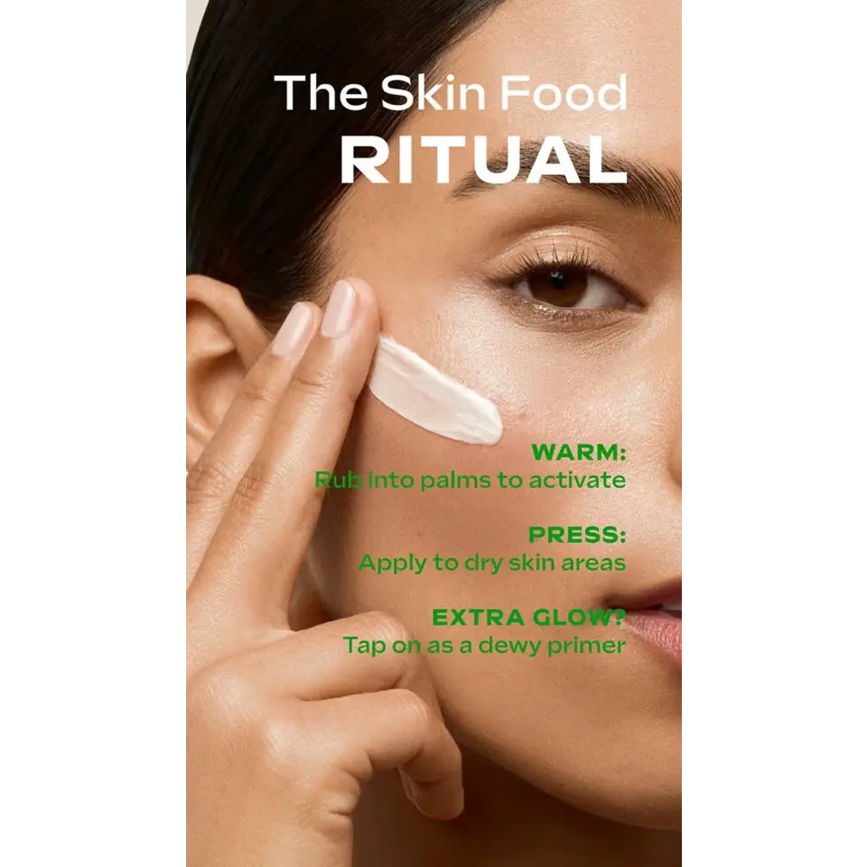 Woman applying cream to cheek with text instructions: Warm, Press, Extra Glow.