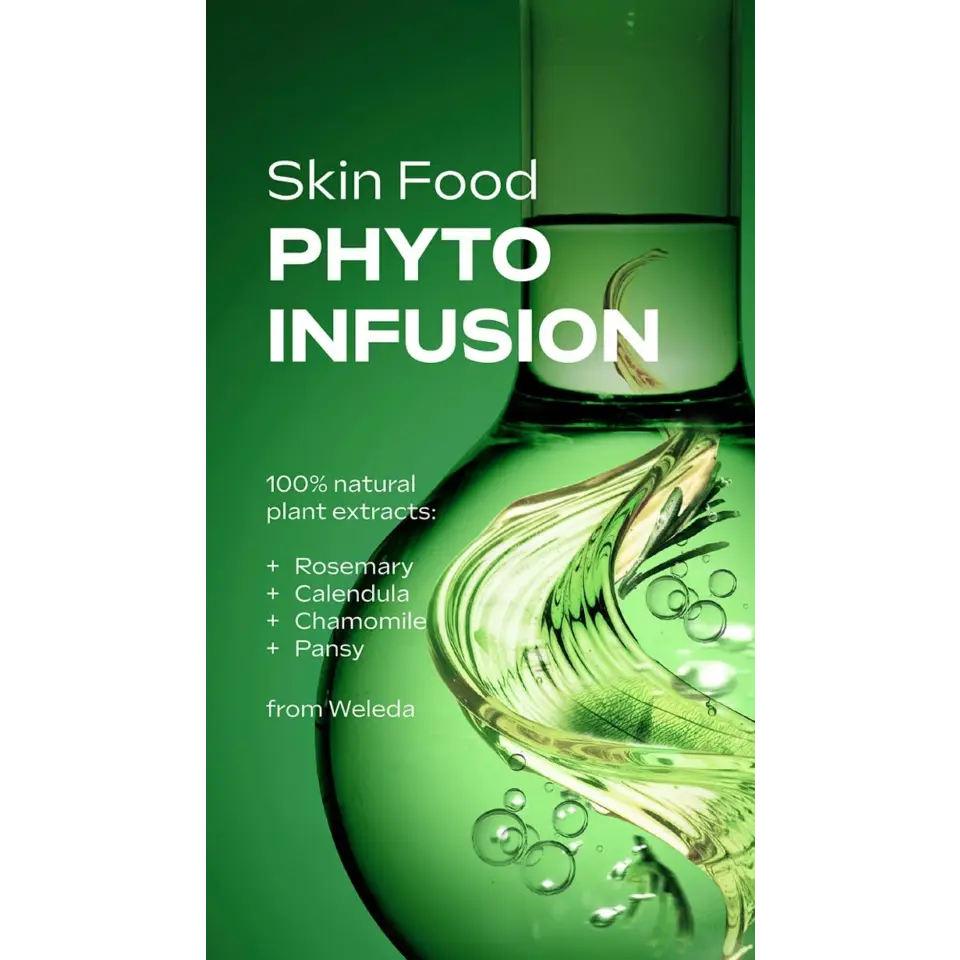 Green bottle with swirling liquid, text: "Skin Food PHYTO INFUSION, 100% natural plant extracts".