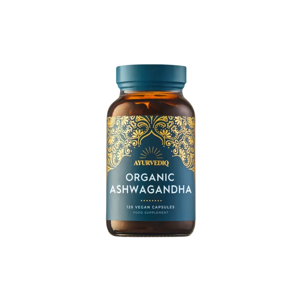 Brown bottle of Ayurvediq Organic Ashwagandha, 120 vegan capsules, food supplement.