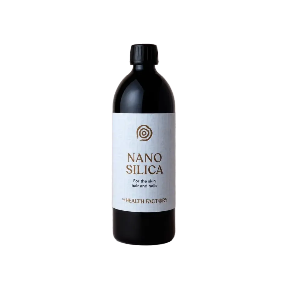 Black bottle with "Nano Silica" label for skin, hair, and nails by The Health Factory.