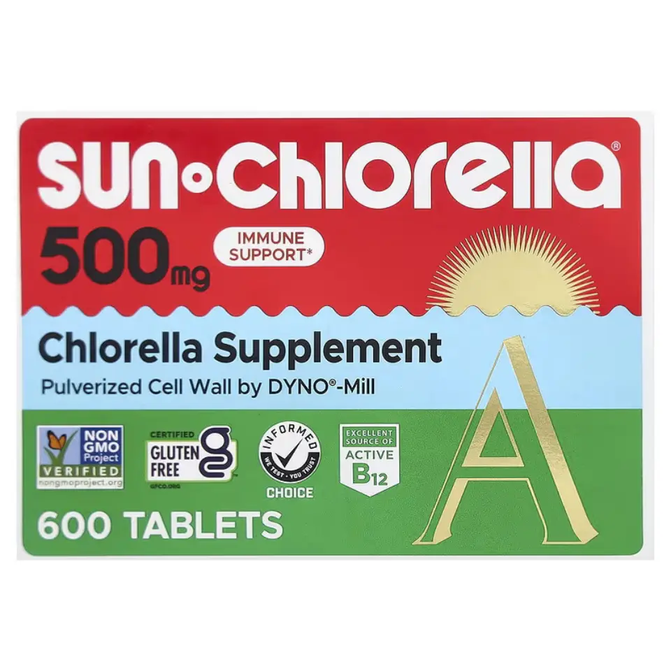 Sun Chlorella 500mg supplement, 600 tablets, gluten-free, non-GMO, B12 source.