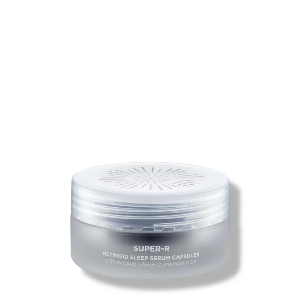 Clear jar of Super-R Retinoid Sleep Serum Capsules, 0.5% Retinoid, Vitamin C, Pro-Vitamin D3.