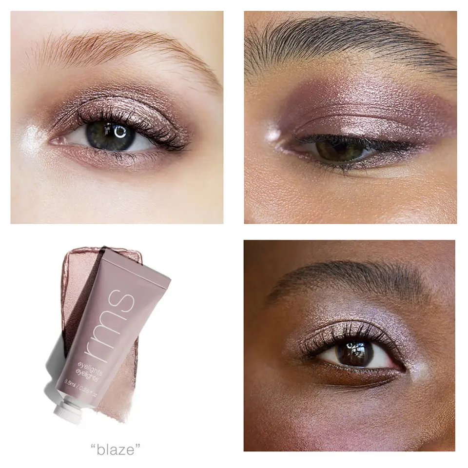 Three eyes with shimmery eyeshadow and a tube of RMS Beauty Eyelights in "Blaze".