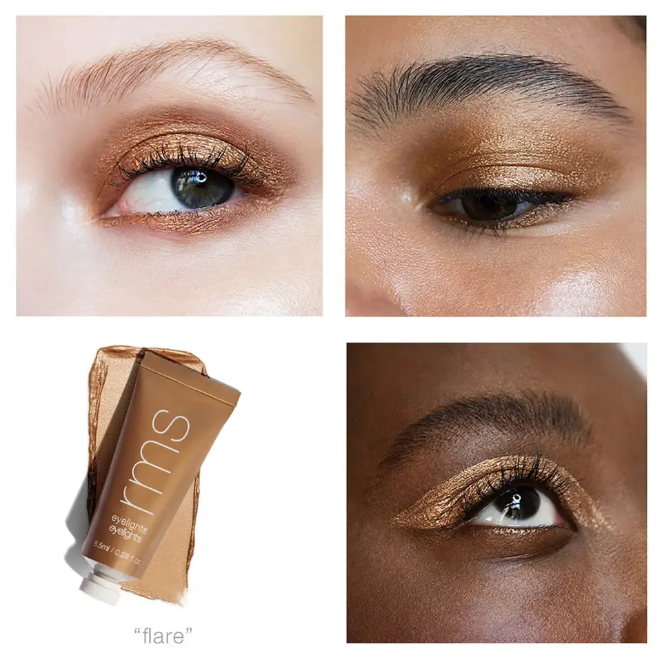 Four eyes with gold eyeshadow and a tube of RMS Eyelights in "flare".