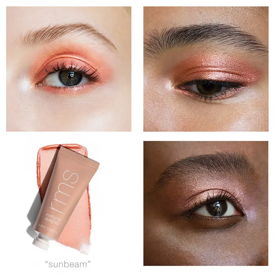 Three eyes with shimmery peach eyeshadow. RMS Beauty Eyelight in "Sunbeam" tube shown.