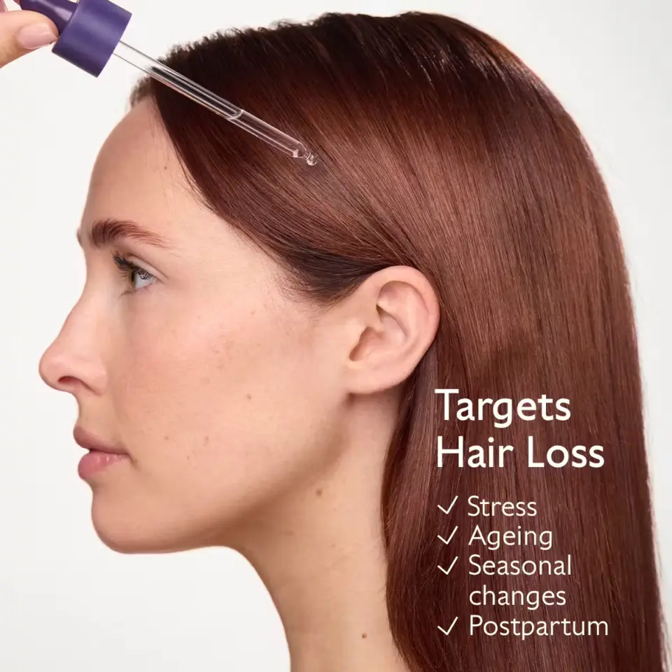 Dropper applying serum to scalp. Text: Targets Hair Loss, Stress, Ageing, Seasonal changes, Postpartum.