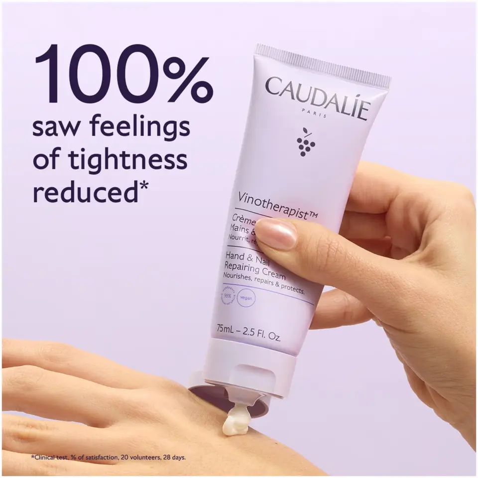 Caudalie Vinotherapist Hand Cream applied to skin, text: 100% saw feelings of tightness reduced.