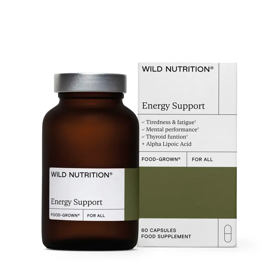 Brown bottle and box of Wild Nutrition Energy Support capsules, 60 count.