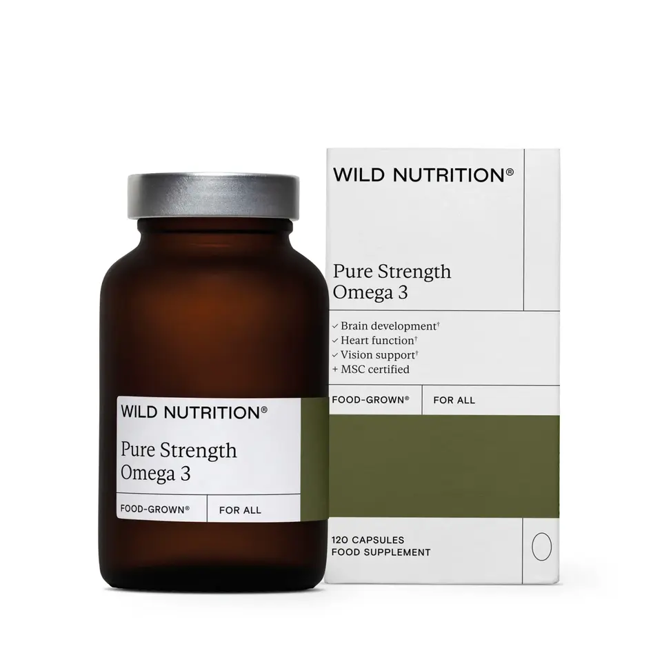 Brown bottle and box of Wild Nutrition Pure Strength Omega 3 capsules.