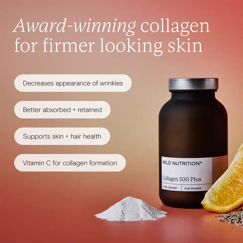 Collagen 500 Plus bottle with powder and lemon slice. Benefits: wrinkle reduction, absorption, skin health.