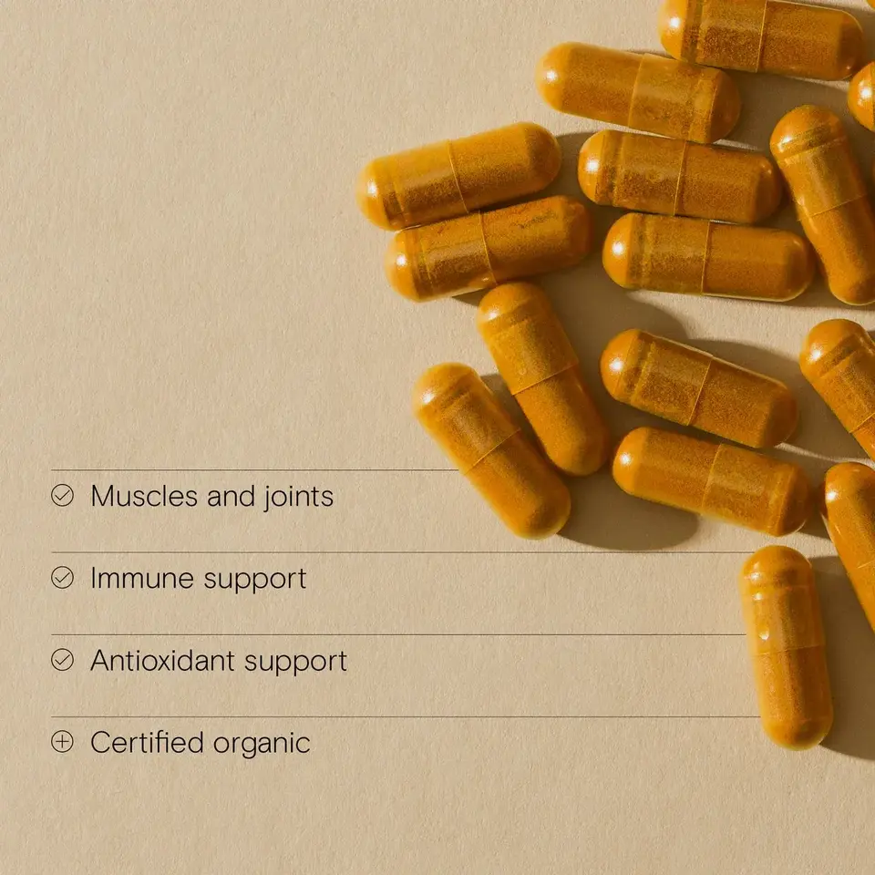Yellow capsules on beige background with text: Muscles and joints, Immune support, Antioxidant support.