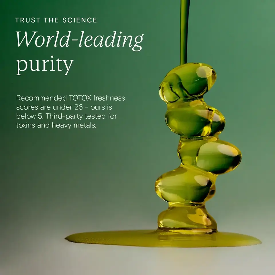 Green liquid pouring, text: "World-leading purity. TOTOX score below 5, tested for toxins and metals.
