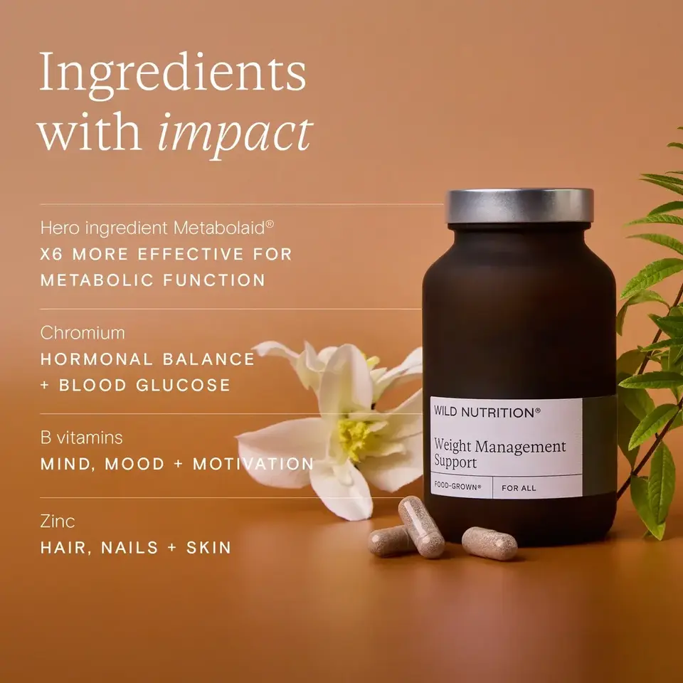 Wild Nutrition Weight Management Support bottle with capsules and flower. Ingredients listed.