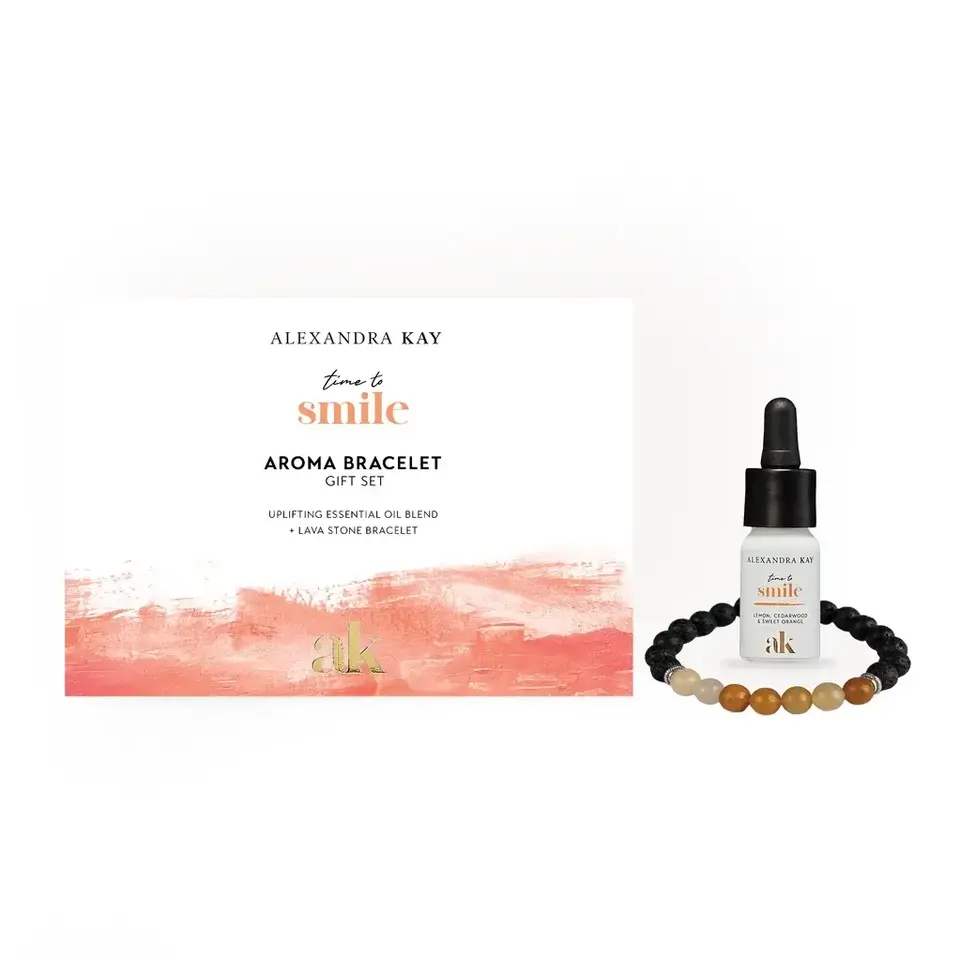 Alexandra Kay aroma bracelet gift set with essential oil and lava stone bracelet.