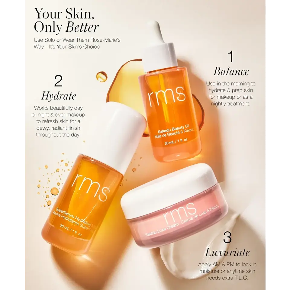 Three RMS skincare products with text: Balance, Hydrate, Luxuriate.