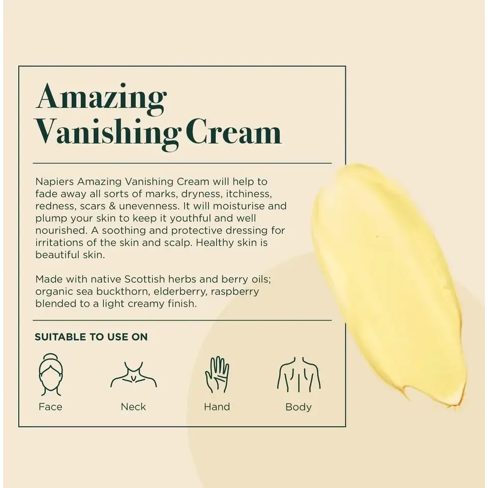 Amazing Vanishing Cream text with yellow cream smear. Suitable for face, neck, hand, body.