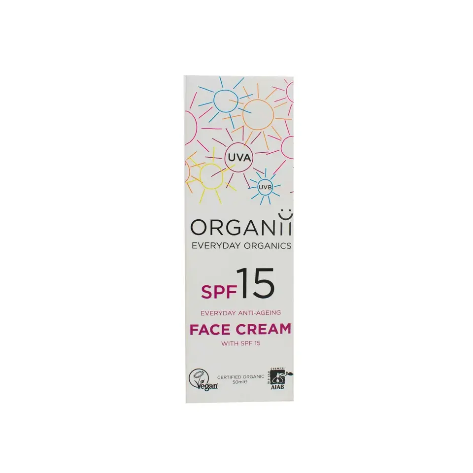 Organii Everyday Organics SPF 15 face cream box with vegan and organic certification logos.