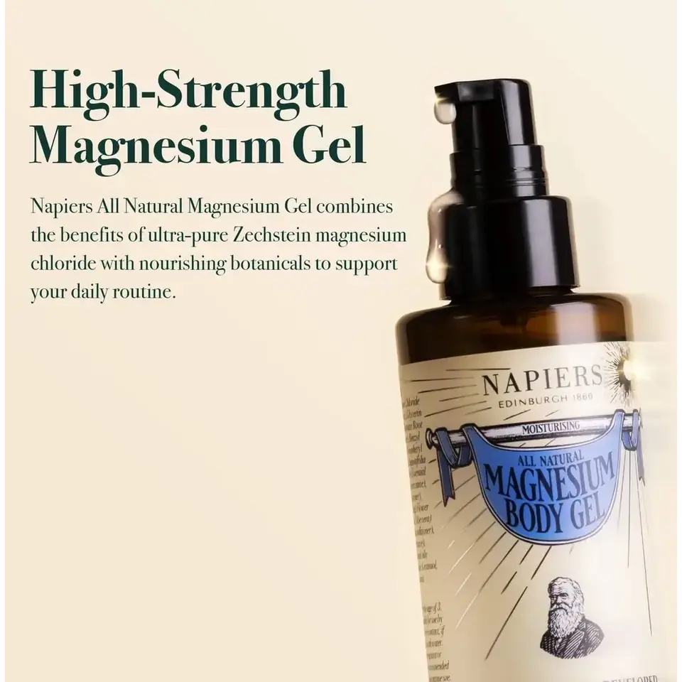 High-Strength Magnesium Gel bottle with text about benefits and ingredients.