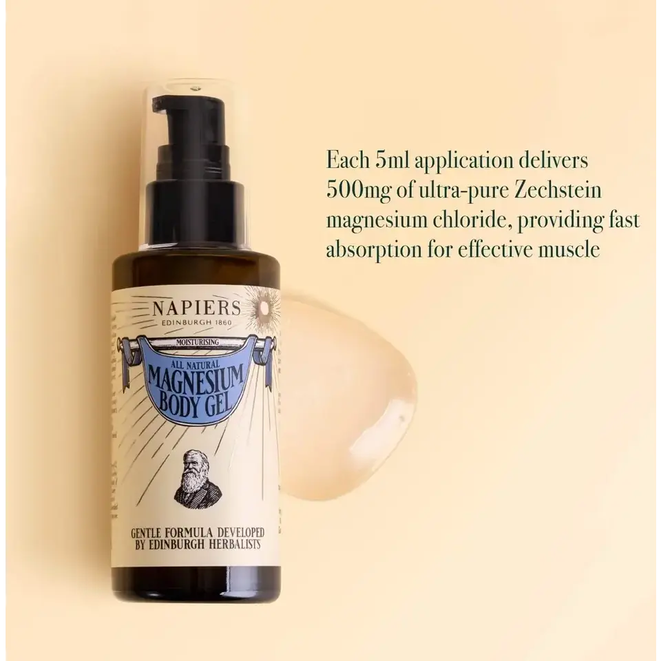 Napiers Magnesium Body Gel bottle with text about 500mg Zechstein magnesium chloride per 5ml.