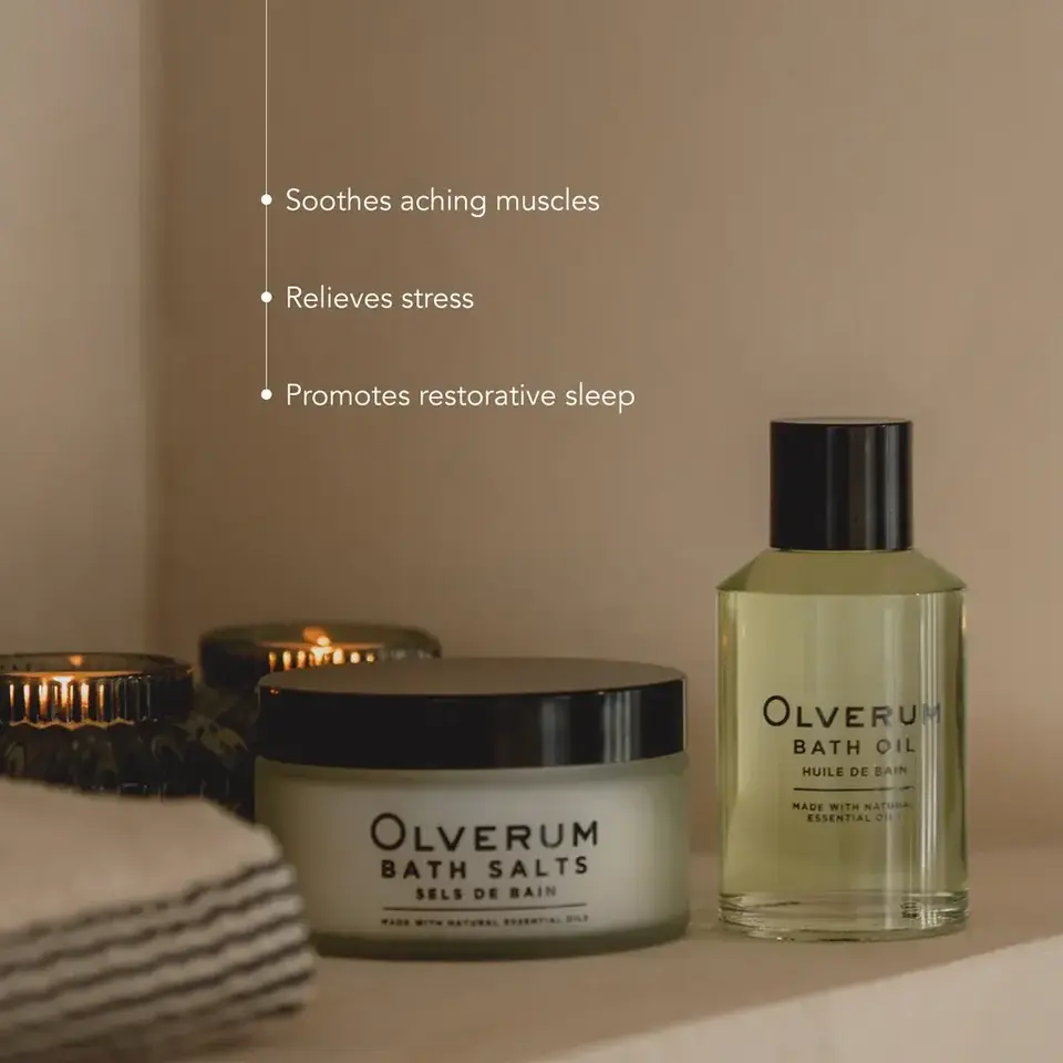 Olverum bath salts and oil with text: Soothes aching muscles, Relieves stress, Promotes sleep.