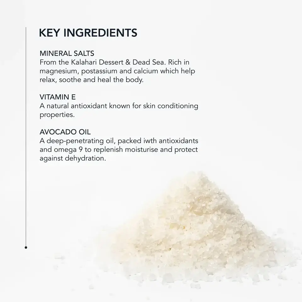 Key ingredients: mineral salts, vitamin E, avocado oil. Pile of mineral salts shown.