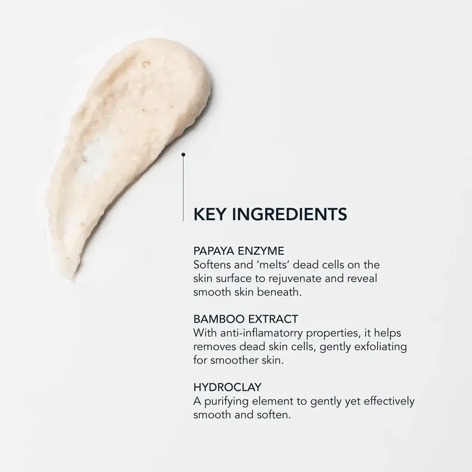 Cream smear with text listing key ingredients: papaya enzyme, bamboo extract, hydroclay.