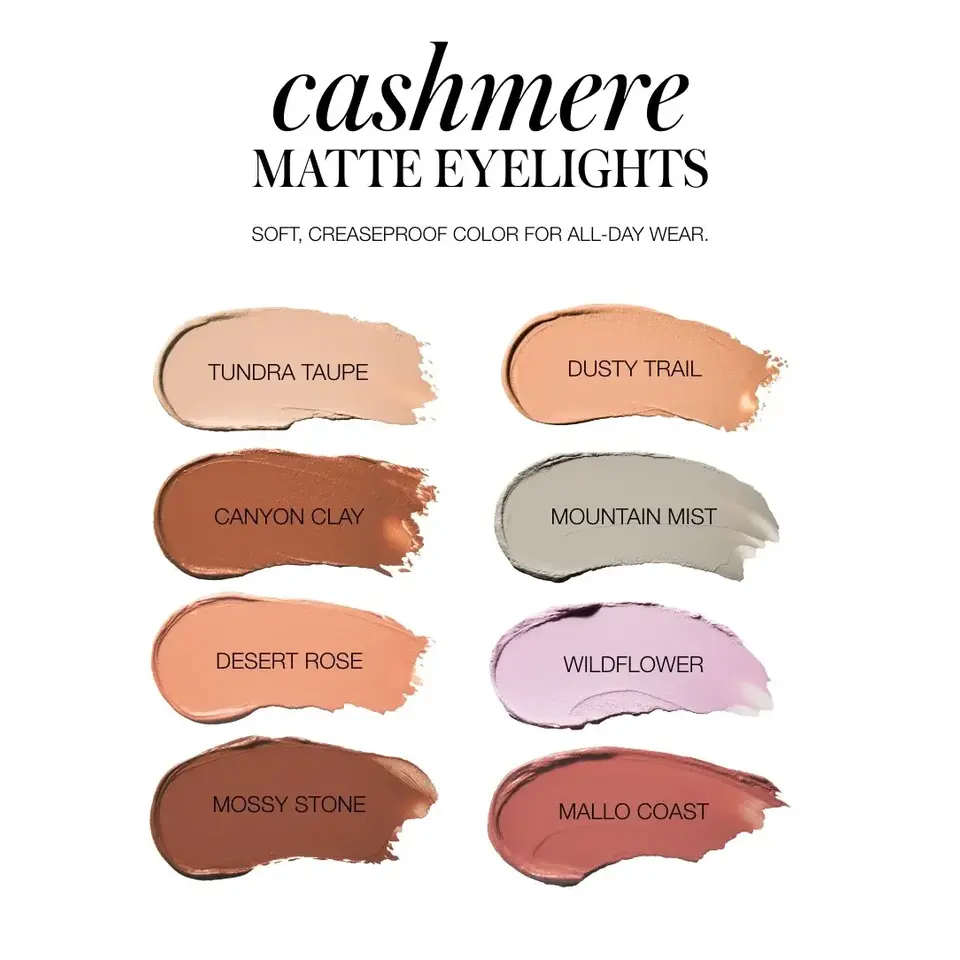 Cashmere Matte Eyelights in eight shades: Tundra Taupe, Dusty Trail, Canyon Clay, Mountain Mist, Desert Rose, Wildflower, ...
