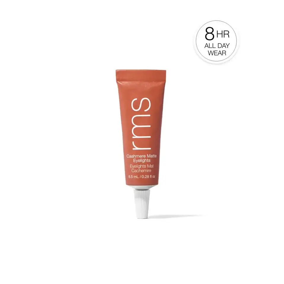 RMS Cashmere Matte Eyelights tube, 8.5 mL, with "8 HR All Day Wear" text.