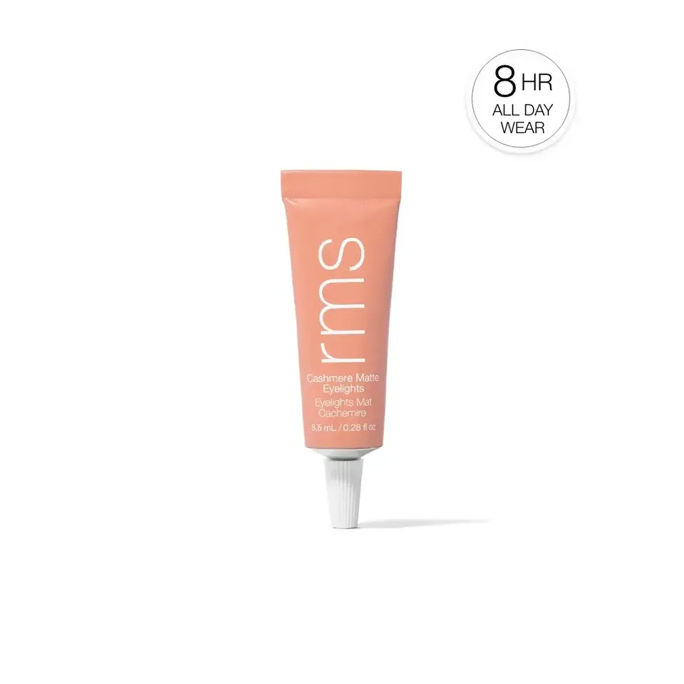 Peach tube of rms Cashmere Matte Eyelights, 8.5 mL, with "8 HR ALL DAY WEAR" badge.