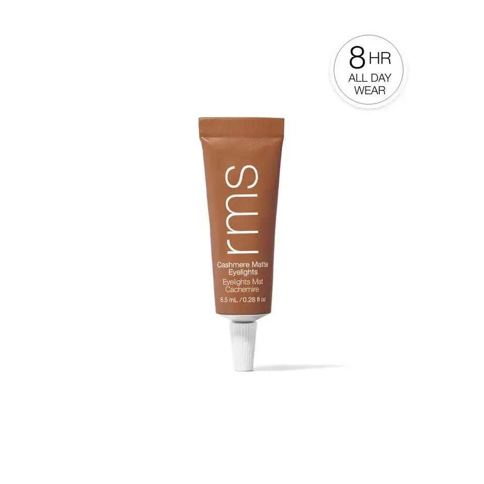 Brown tube of rms Cashmere Matte Eyelights, 8.5 ml, with "8 HR ALL DAY WEAR" text.