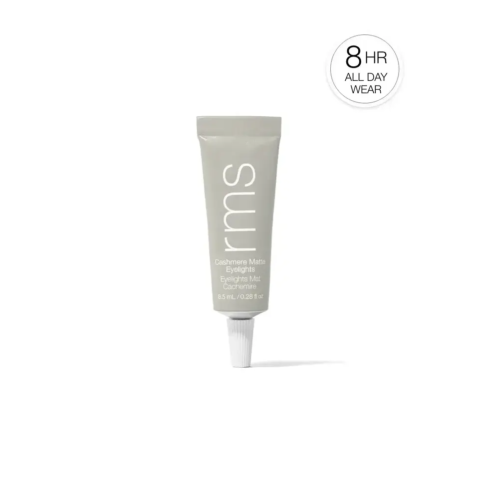 Grey tube of RMS Cashmere Matte Eyelights, 8.5 ml, with 8-hour wear label.