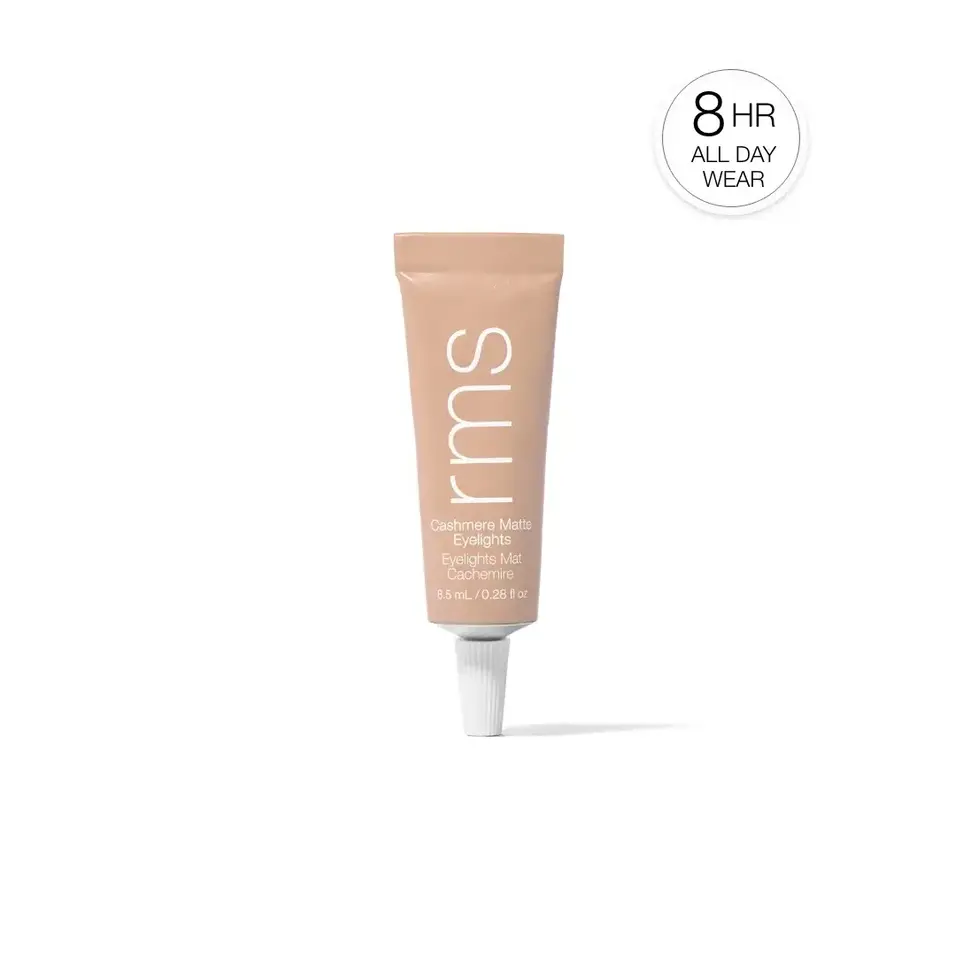 RMS Cashmere Matte Eyelights tube, 8.5 ml, with "8 HR All Day Wear" text.