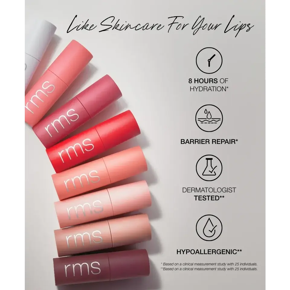 Seven rms lip balms in gradient shades with text on hydration, barrier repair, dermatologist tested.