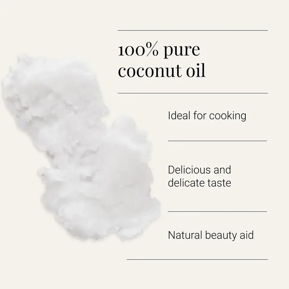 100% pure coconut oil, ideal for cooking, delicious taste, natural beauty aid.