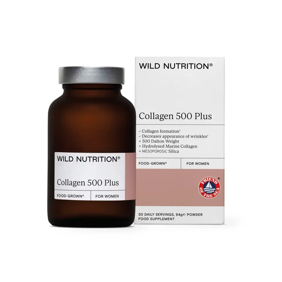 Wild Nutrition Collagen 500 Plus bottle and box, 30 daily servings, food supplement.